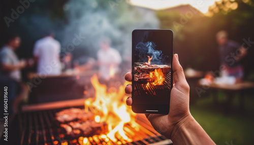 Millennials man's hand holding a cell phone taking photos of a barbecue grill.