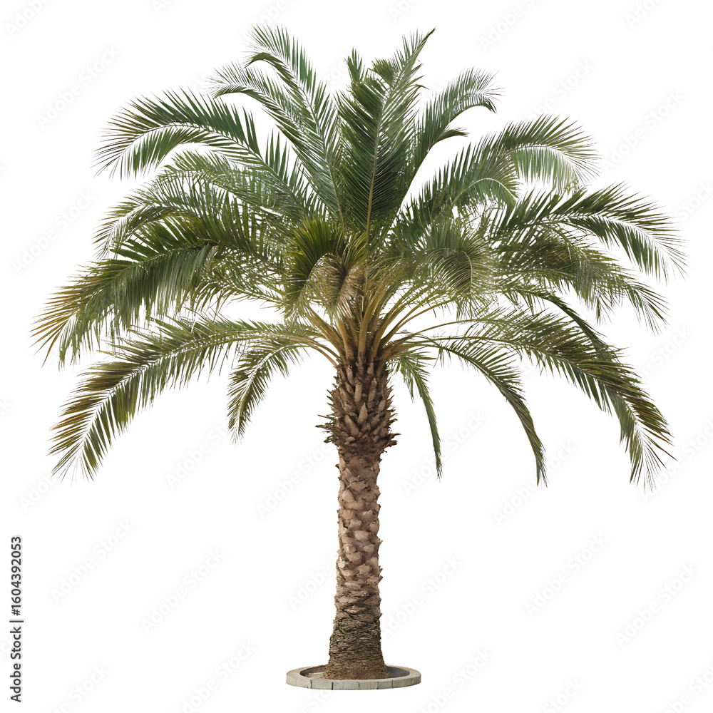 Obraz premium Tall palm tree with green fronds isolated on a transparent background tropical foliage