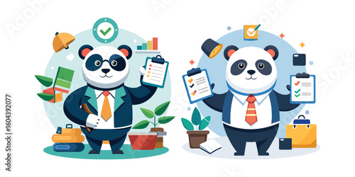 Corporate panda delegating tasks confidently, business teamwork concept, office management vector, professional panda character, workplace leadership, productivity, modern corporate illustration.