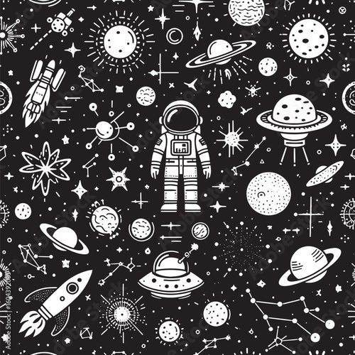 Colorful vector cartoon doodle drawing of UFOs in space, a seamless pattern design