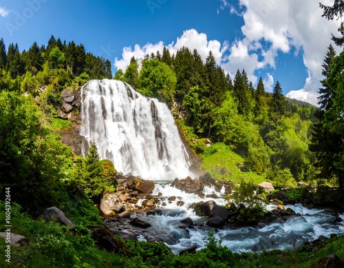 Mountain waterfall cascading into a stream