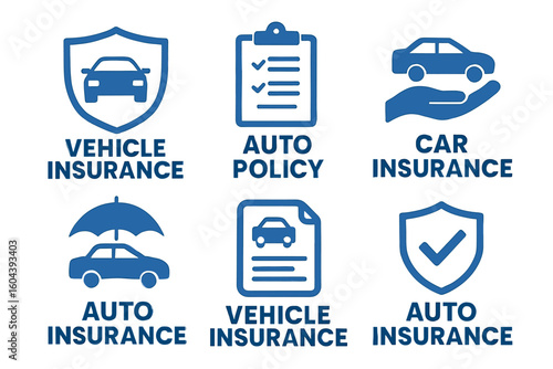 A car insurance icons set for automotive coverage, policy and protection with car, shield, umbrella and hand graphics symbolizing security and safety
