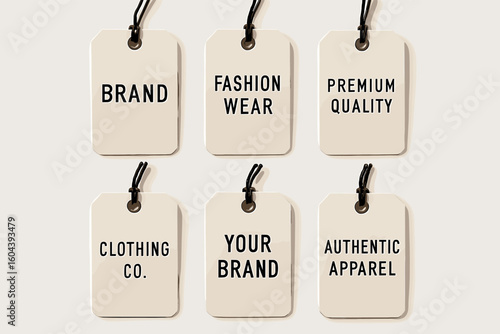 A clothing brand tags with stylish designs, premium quality, authentic apparel, fashion wear, and marketing for your brand promotion and company with hanging strings