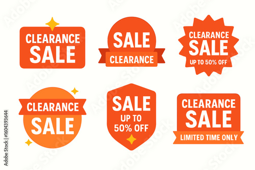 A eye-catching clearance sale badges featuring special offers, promotional graphics with discount, savings and limited time only message on orange tag shapes, ready for retail