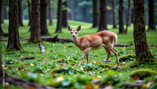 a deer in a forested area with leaf strewn ground