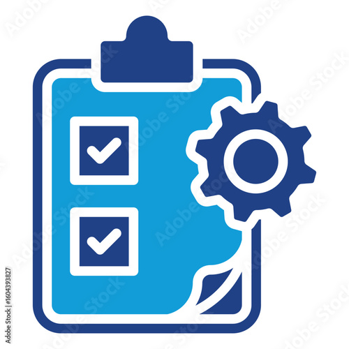 Task Setting Glyph Blue Silhouette Vector Design - clipboard with checklist and gear, representing task planning and process execution