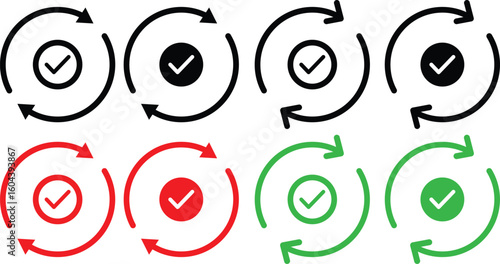 Refresh with checkmark, sync check symbol icon vector design. rotating check mark. refresh icons. Industrial cycle concept. Rotating gear wheel.

