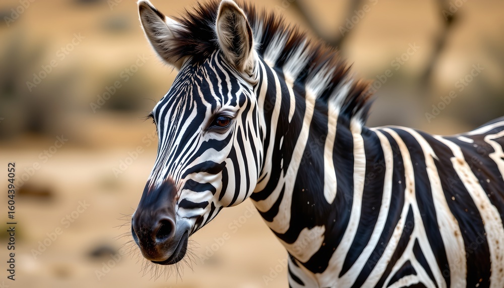Naklejka premium in the vast expanse of a dry grassland, a zebra stands majestically, its distinctive black and white stripes contrasting sharply with the arid surroundings