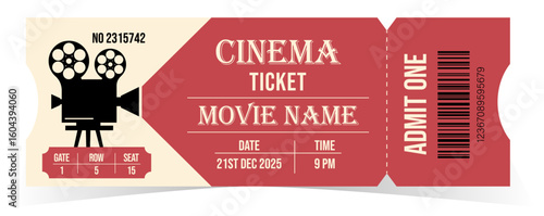 Cinema Movie Ticket Design - Vintage Film Reel Admission Stub with Details