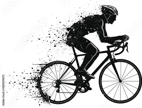 Dynamic Silhouette of a Cyclist on a Road Bike with Exploding Paint Splatters, Illustrating Speed, Energy, and Performance in Sports, cad drawing flat vector illustration.