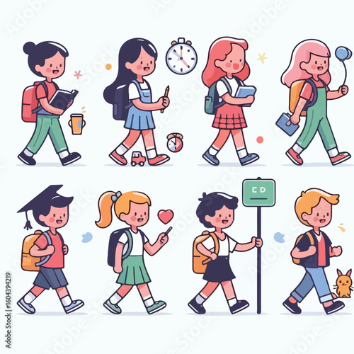 image of students going to school on foot with a simple and minimalist flat design using a white background
