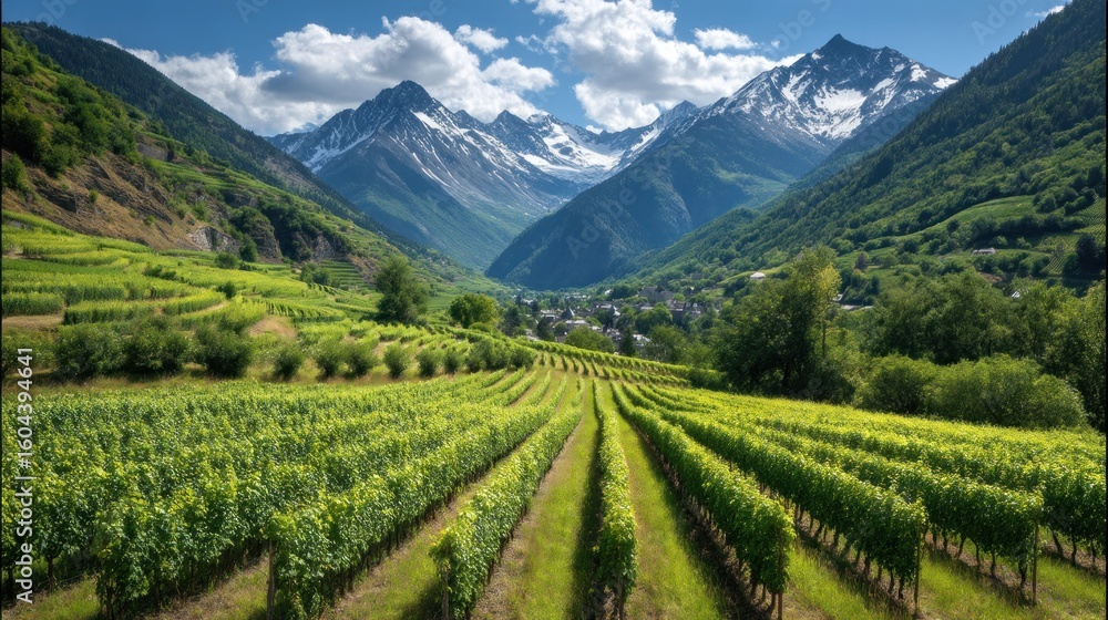 Fototapeta premium Lush vineyard terraces nestled in a mountain valley.