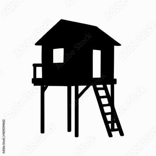 Silhouette of a Treehouse Built on Stilts – High-Contrast Elevated Wooden Structure Shape on White Background
