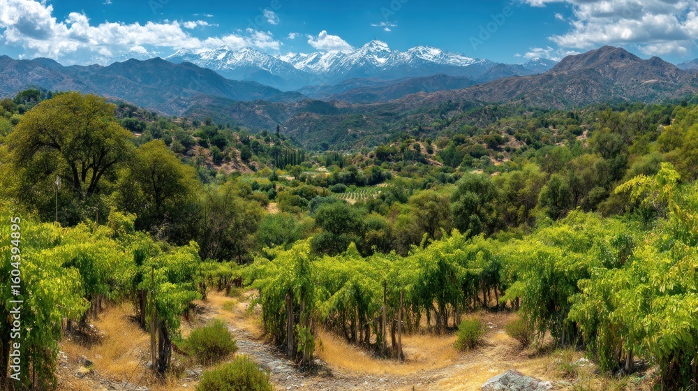 Obraz premium Panoramic view of a vineyard nestled in a valley.