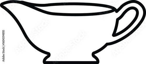 Sauce Boat Outlined: A simple outline illustration of a classic sauce boat, the elegant lines of the pouring spout and handle. Evokes a sense of culinary sophistication