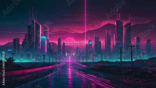 Retro synthwave futuristic cityscape, glowing neon skyline, 80s style, cyberpunk influence, distant mountains