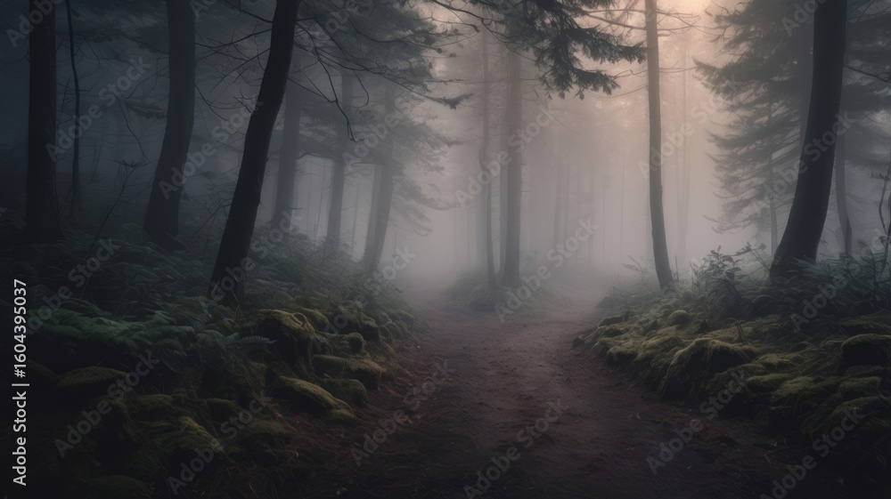 Naklejka premium A mysterious path in a dark forest covered with thick fog, muted colors, cinematic eerie lighting