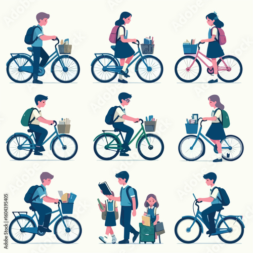 image of students going to school by bicycle with a simple and minimalist flat design using a white background