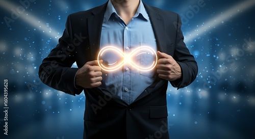 Businessman reveals glowing infinity symbol on chest representing limitless potential and opportunities