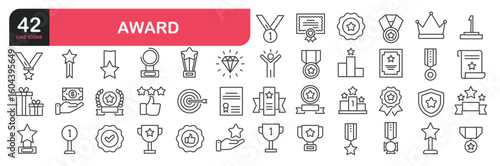 Set of line icons related to success, reward, achievement, goal. Outline icons collection. Editable stroke. Vector illustration