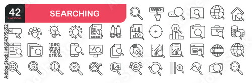 Set of line icons related to search, magnifying glass, research, zoom. Outline icons collection. Editable stroke. Vector illustration