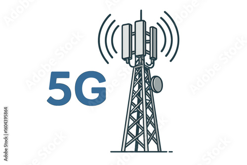 5G network communication tower vector illustration. Wireless mobile technology concept. Telecommunication antenna mast broadcasting internet signal for fast digital data transfer.