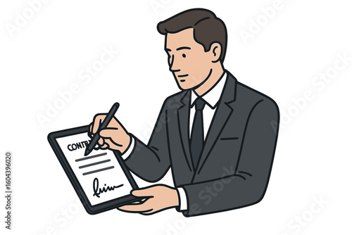 Businessman Signing Electronic Contract Agreement on Tablet with Stylus, Digital Signature, Formal Suit, Office Deal, Recruitment Corporate Document, Transparent Background Vector