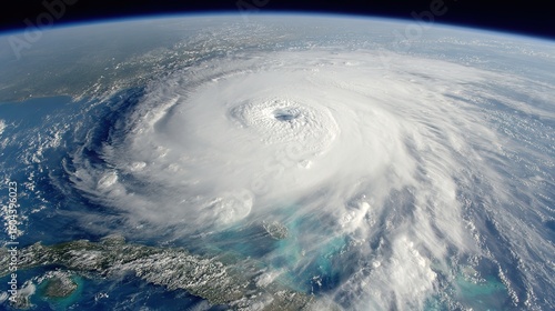A satellite view of a massive hurricane with a distinct eye, swirling clouds, and storm bands over the ocean near landmasses.