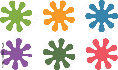 Six colorful splats arranged in two rows on a white background in a symmetrical composition