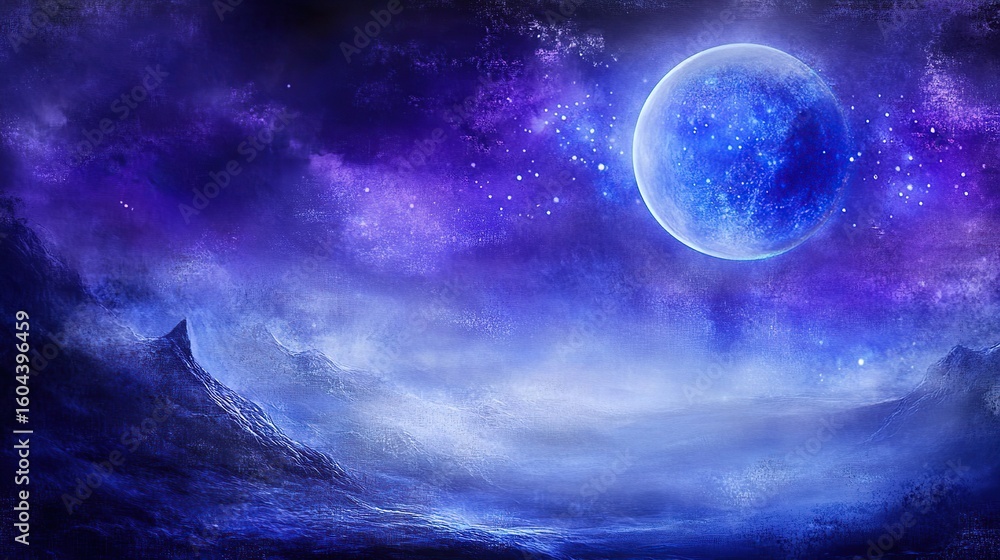 Fototapeta premium Blue moon over fantasy mountain range, nebula background, digital art