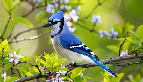 Blue jay perched amidst spring blossoms
