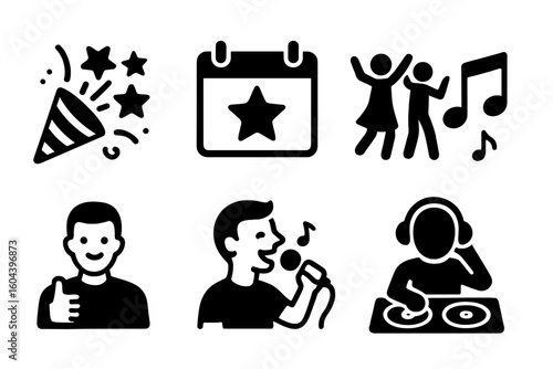 Celebration and party glyph icons set. DJ at turntable, karaoke singer, dancing people, event calendar, party popper. Vector pictograms for holiday, congrats, anniversary.