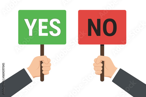 Yes no signs held by hands. Concept of choice, decision, vote, survey, feedback. Positive negative opinion. Business agreement or disagreement. Approve, reject concept.