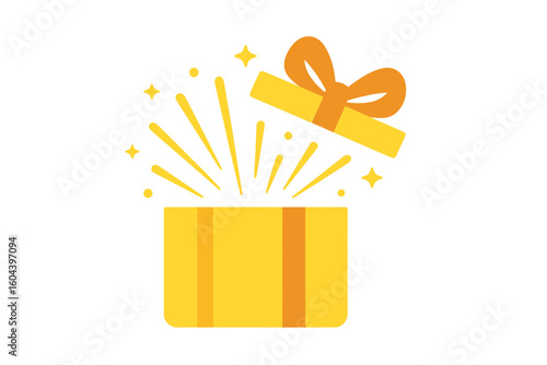 Surprise yellow gift box with open lid and sparkles. Flat vector illustration for birthday, event celebration. Concept of prize, reward, special offer, bonus, loyalty gift.