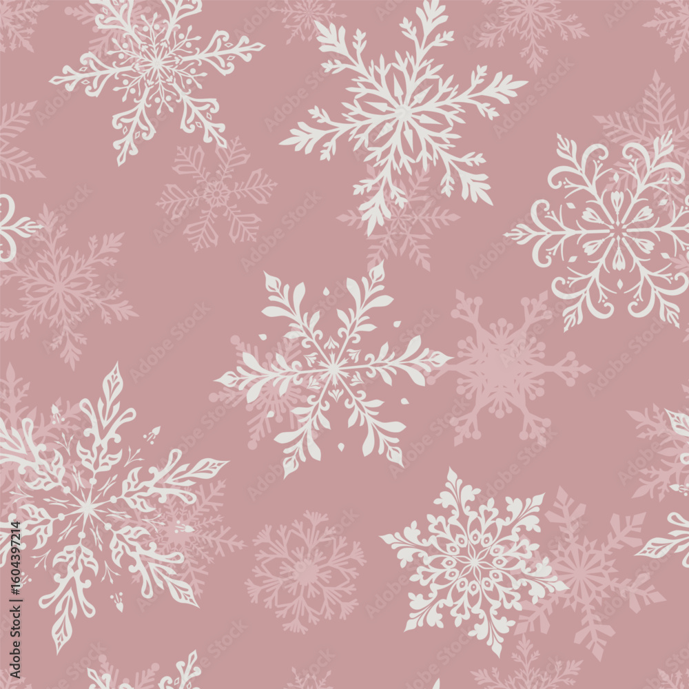 Christmas seamless pattern with two layers of large intricate snowflakes in various designs, white on pink background. Christmas seamless pattern with two layers of large intricate snowflakes in various designs, white on pink background.