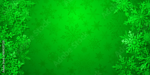 Christmas illustration in green tones featuring intricate snowflakes of varying designs placed on the sides, left and right, with barely noticeable silhouettes of snowflakes in the background.