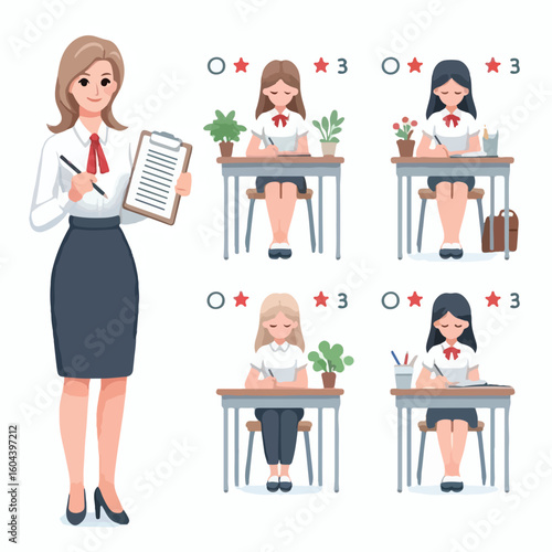 image of a teacher giving students grades with a simple and minimalist flat design using a white background