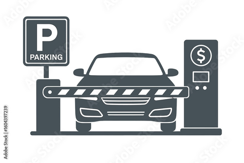 Car parking concept. Paid parking zone with payment system. Automobile at entrance with automatic barrier gate. Vehicle access control. Transport security. Road sign. Vector icon.