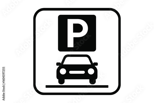 Car parking sign vector icon. Flat illustration of a parking lot symbol with a car. Road sign for vehicle park area. Simple black and white web element design.