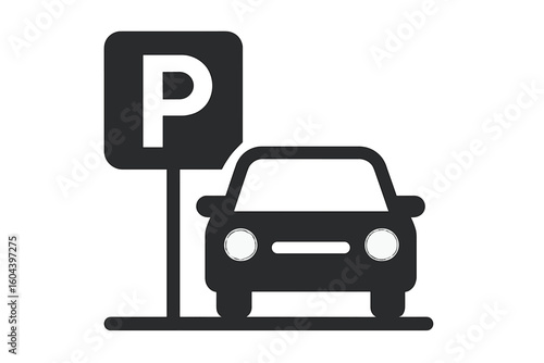 Car parking icon. Simple flat vector illustration of an automobile at a parking lot sign. Symbol for car park, traffic, transportation, or auto service on transparent background.