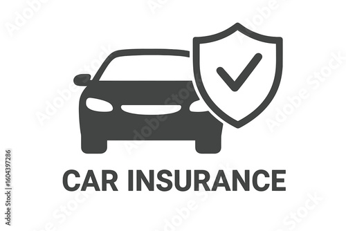 Car insurance vector icon. Auto protection and security concept. Vehicle safety symbol with shield and check mark. Approved automobile insurance policy sign for transport.