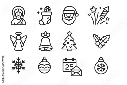 Christmas holiday line icon set. Winter season graphic elements. Includes Jesus Christ, Santa Claus, angel, Xmas tree, bell, snowflake, holly, stocking, and firework icons.