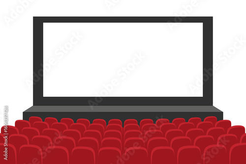 Movie theater with blank screen for copy space. Empty cinema auditorium with red chairs and stage. Concept for film premiere, show, festival, or business presentation. Vector.