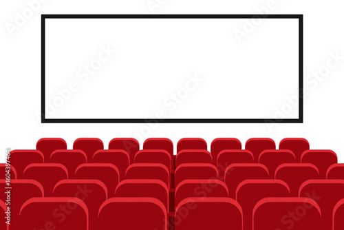 Cinema movie theater auditorium with a blank white screen and rows of empty red seats. Interior for film premiere, presentation, or conference. Vector illustration background.