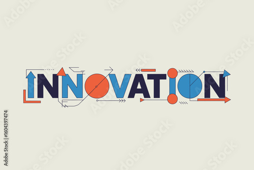 The word innovation with geometric shapes and arrows in blue orange and black on a light beige background
