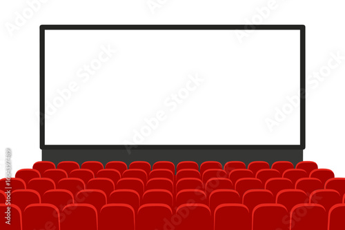 Cinema movie theater with blank white screen and rows of red seats. Empty stage for film presentation or premiere. Auditorium interior for a screening event. Vector concept.