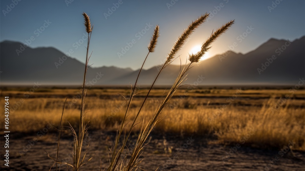 Obraz premium Golden grass stalks in a vast, sun-drenched landscape.