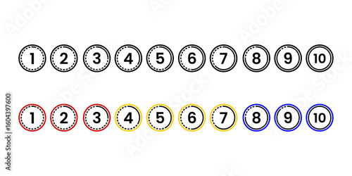 Number Icons 1 to 10 in Colored Circle Outline Vector