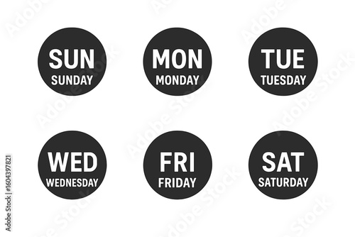 Set of vector icons for days of the week. Black circle badges with abbreviations for Sunday, Monday, Tuesday, Wednesday, Friday, Saturday. Weekly calendar elements.