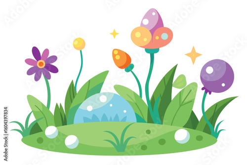 Easter eggs and spring flowers in a grassy meadow with butterflies and sunshine